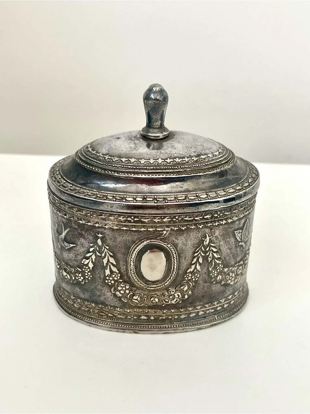 Ornate Silver Plated Trinket Box Oval Hinged Butterfly Floral Swag Vanity Decor